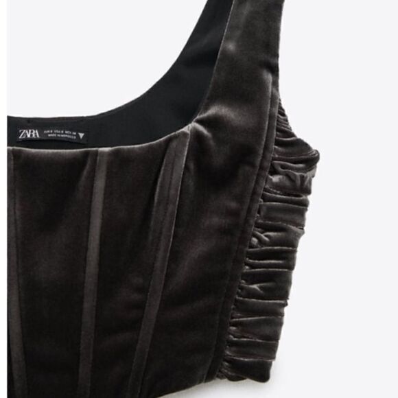 Rare! Zara Dark Gray Velvet Seamed Renaissance Cropped Corset Top S Steampunk - Picture 3 of 4